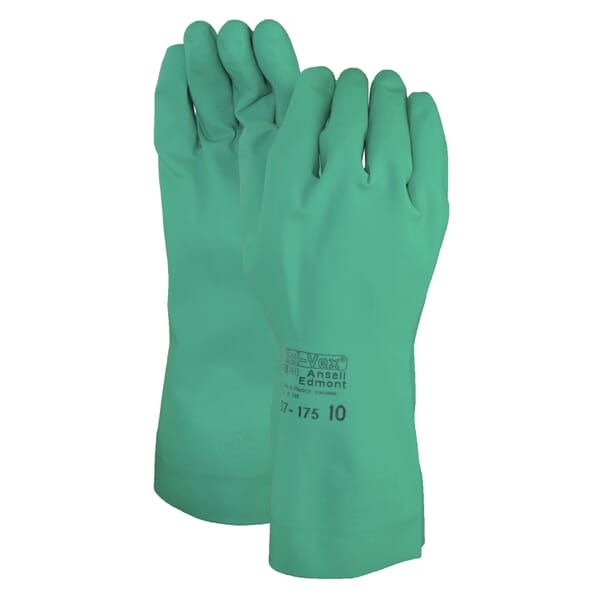 AlphaTec SolVex 37-175-09 37175 Chemical-Resistant Gloves, SZ 9, Nitrile, Green, Flocked Cotton Lining, 13 in L, Resists: Abrasion, Chemical, Cut, Puncture and Snag, Unsupported Support, Gauntlet Cuff, 15 mil THK