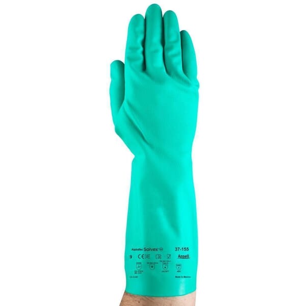 AlphaTec Solvex 117141 37-155 Chemical Resistant Gloves, 7, Nitrile, Green, Unlined Lining, 13 in L, Resists: Abrasion, Chemical, Puncture and Snag, Unsupported Support, Straight Cuff, 15 mil THK