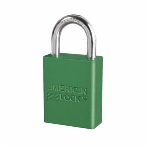 American Lock A1105KAGRN Safety Padlock, Alike Key, Green, Anodized Aluminum Body, 1/4 in Dia x 1 in H x 25/32 in W Polished Chrome Boron Alloy Steel Shackle, Conductive Conductivity