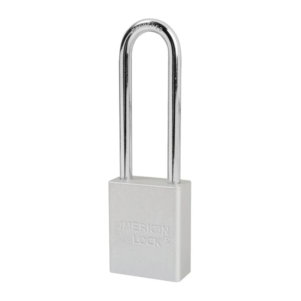 American Lock Safety Padlock, Different Key, Anodized Aluminum Body, 1/4 in Dia x 3 in H x 25/32 in W Polished Chrome Boron Alloy Steel Shackle, Conductive Conductivity