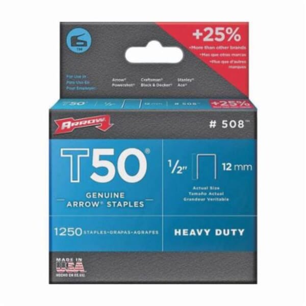 Arrow 50824 T50 Heavy Duty Staples, 1/2 in L Leg, 3/8 in W Crown, Steel