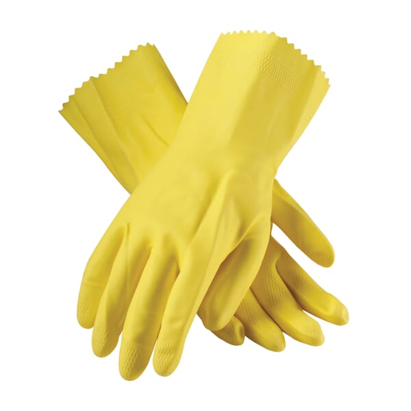 Assurance 48-L187Y/S Medium Weight Chemical-Resistant Gloves, S, Ambidextrous Hand, Cotton/Natural Latex Rubber, Yellow, Flock Lining, 12 in L, Resists: Chemical and Tear, Unsupported Support, Pinked Cuff, 18 mil THK