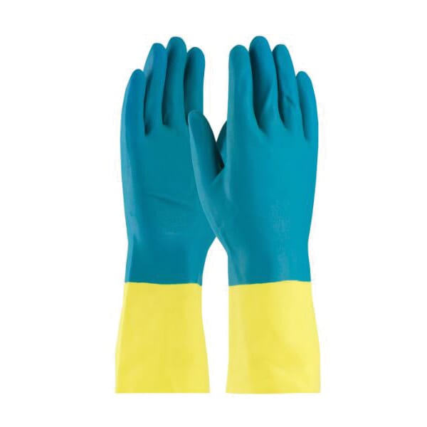 Assurance 52-3670/XL Dipped Chemical-Resistant Gloves, XL, Ambidextrous Hand, Neoprene/Natural Rubber Latex, Blue/Yellow, Flock Lining, 12 in L, Resists: Abrasion, Acid, Chemical, Caustic, Cut, Oil and Puncture, Unsupported Support, Straight Cuff