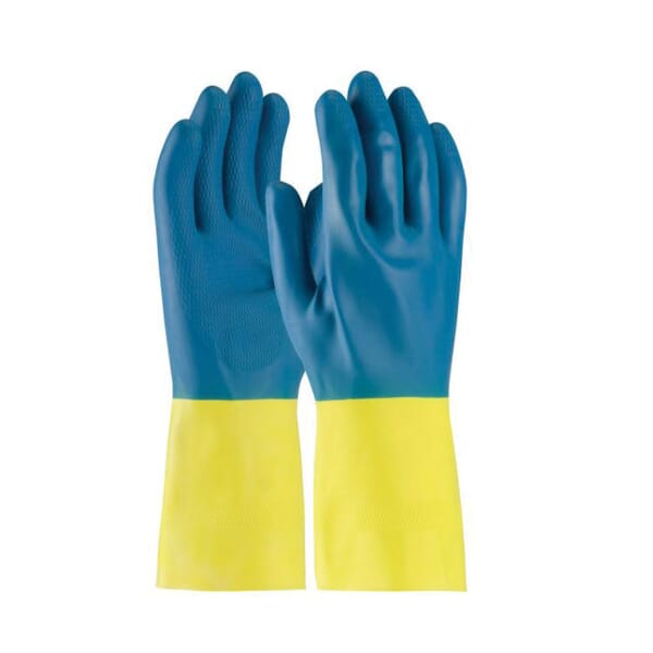 Assurance 52-3671/L Dipped Chemical-Resistant Gloves, L, Ambidextrous Hand, Latex/Neoprene, Blue/Yellow, Flock Lining, 12 in L, Resists: Abrasion, Cut, Puncture and Tear, Unsupported Support, Straight Cuff, 28 mil THK