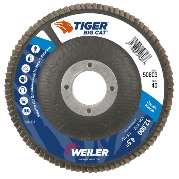 Big Cat 50803 Close High Density Premium Coated Abrasive Flap Disc, 4-1/2 in Dia Disc, 7/8 in Center Hole, 40 Grit, Coarse Grade, Zirconia Alumina Abrasive, Type 27 Flat Disc