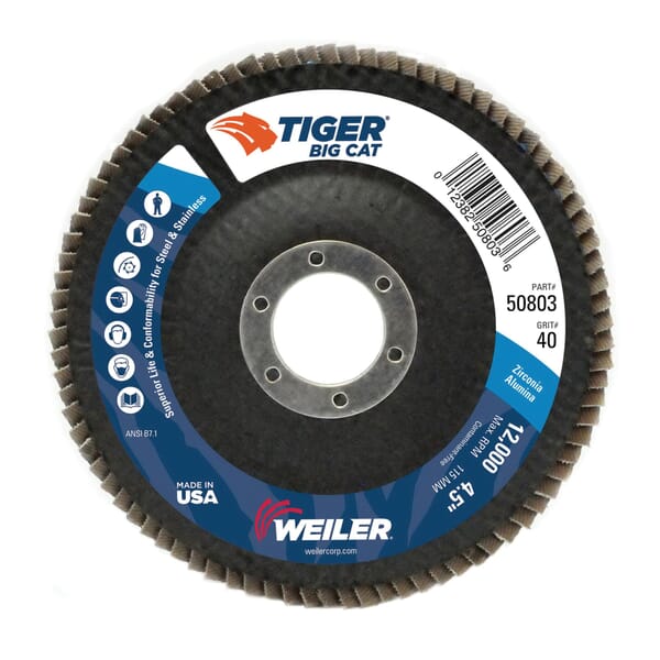 Big Cat 50803V Close Premium High Density Vending Ready Coated Abrasive Flap Disc, 4-1/2 in Dia Disc, 7/8 in Center Hole, 40 Grit, Coarse Grade, Zirconia Alumina Abrasive, Type 27 Flat Disc