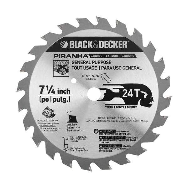 Black+Decker 67-737 Conventional Circular Saw Blade, 7-1/4 in Dia x 0.047 in THK, 5/8 in Arbor, Steel Blade, 24 Teeth