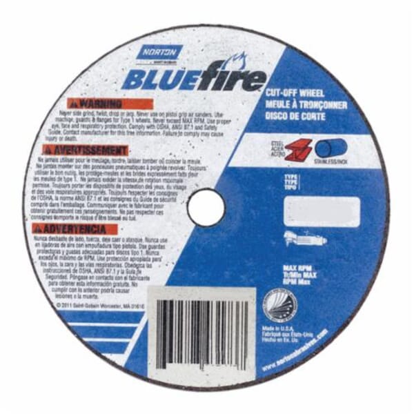 Norton BlueFire RightCut 66252843221 RightCut Type 27/42 Depressed Center Cut-Off Wheel, 6 in Dia x 0.045 in THK, 7/8 in Center Hole, 24 Grit, Zirconia Alumina Abrasive