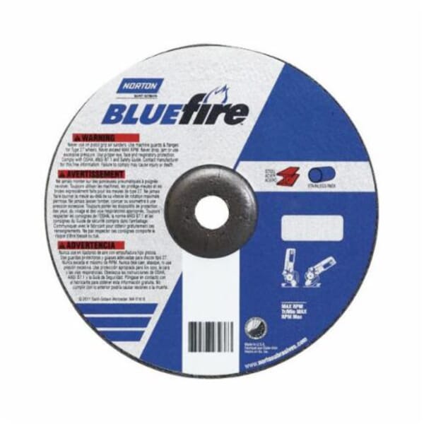 Norton BlueFire 66252843211 Depressed Center Wheel, 4-1/2 in Dia x 1/8 in THK, 24 Grit, Zirconia Alumina Abrasive
