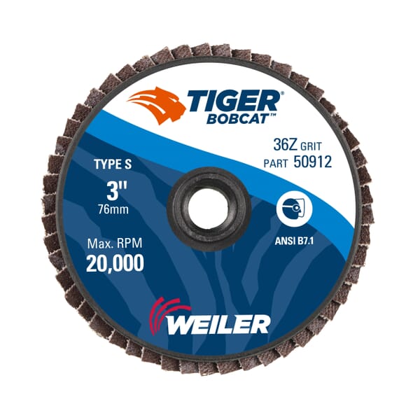 BobCat 50912 Mini Coated Abrasive Flap Disc, 3 in Dia Disc, 1/4 in Center Hole, 36 Grit, Very Coarse Grade, Zirconia Alumina Abrasive, Type 27 Flat Disc