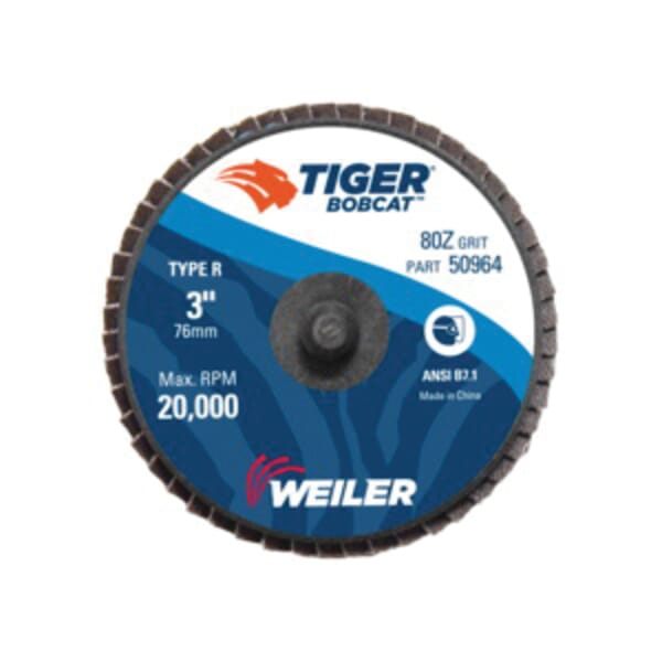 BobCat 50964 Type R Close Mini Standard Density Coated Abrasive Flap Disc, 3 in Dia Disc, 80 Grit, Medium Grade, Zirconia Alumina Abrasive, Type 27 Flat Disc