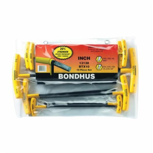 Bondhus 13138 Graduated Length Key Set, 10 Pieces, 3/32 to 3/8 in Hex, Ergonomic Grip/T-Handle Handle, Protanium High Torque Steel, ProGuard