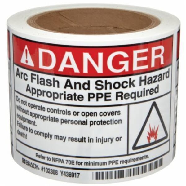 Brady 102308 High Performance Laminated Non-Reflective Rectangular Self-Adhesive Arc Flash Protection Label, 5 in W, Black/Red on White, B-302 Polyester, 100 per Roll Labels