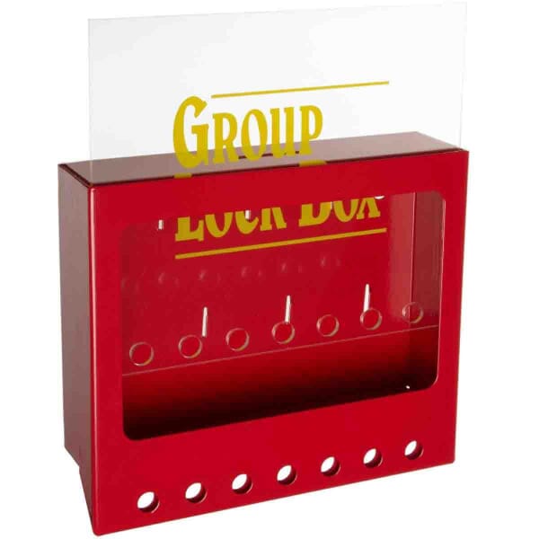 Brady 105714 Empty Group Lockout Box, 7 Padlocks, Sliding Lexan Door, Yellow on Red, 7 in H x 8 in W x 2-1/2 in D, Wall Mount, 7 Key Hooks