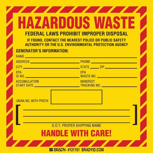 Brady 121151 Non-Reflective Self-Adhesive Square Hazardous Waste Label, 6 in W, Black/Red on Yellow, B-7569 Adhesive Vinyl Film, 100 per Pack Labels