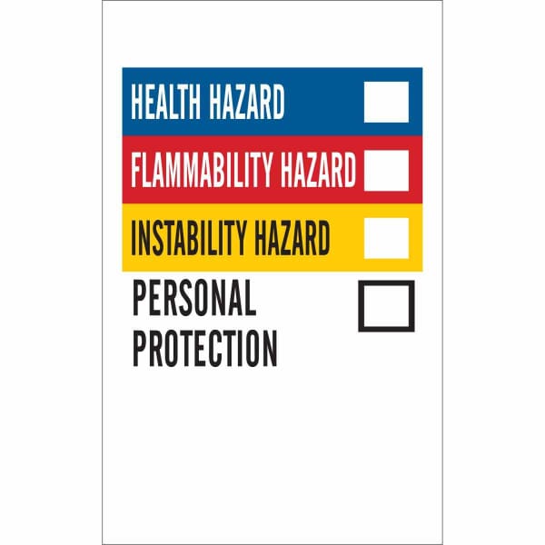 Brady 121161 Non-Reflective Rectangular Self-Adhesive Write-On Laboratory Label, 1-1/4 in W, HEALTH HAZARD FLAMMABILITY HAZARD INSTABILITY HAZARD PERSONAL PROTECTION Legend, Black/Blue/Red/Yellow on White, B-7569 Adhesive Vinyl Film, 500 per Roll Labels
