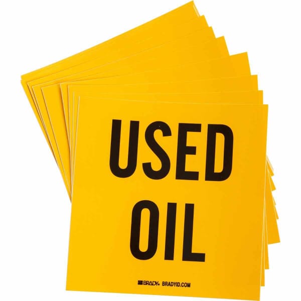 Brady 121434 Non-Reflective Self-Adhesive Square Waste Disposal Label, 6 in W, USED OIL Legend, Black on Yellow, B-7569 Adhesive Vinyl Film, 100 per Pack Labels