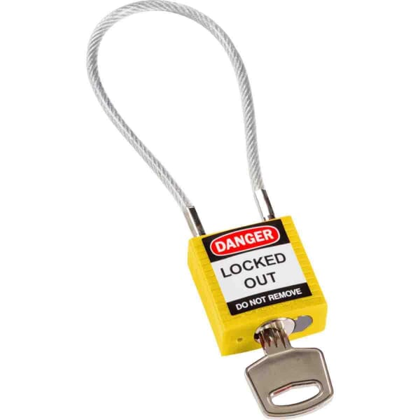 Brady 146121 Safety Padlock, Different Key, Yellow, Nylon Body, 0.16 in Dia x 4.2 in H x 3/4 in W Steel Shackle, 1.31 in L Body