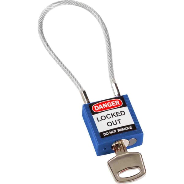 Brady 146122 Safety Padlock, Different Key, Blue, Nylon Body, 0.16 in Dia x 4.2 in H x 3/4 in W Steel Shackle, 1.31 in L Body