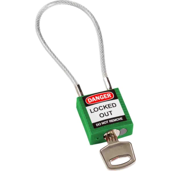 Brady 146123 Safety Padlock, Different Key, Green, Nylon Body, 0.16 in Dia x 4.2 in H x 3/4 in W Steel Shackle, 1.31 in L Body