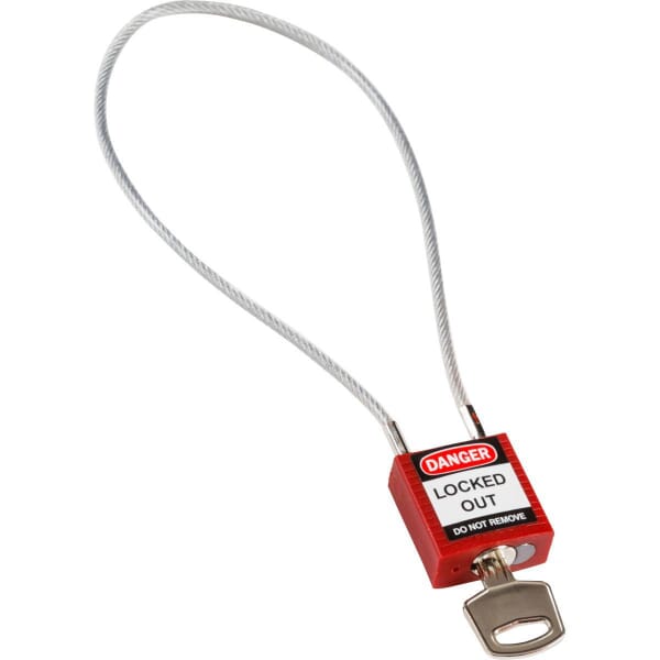 Brady 146124 Compact Cable Padlock, Different Key, Red, Nylon Body, 0.16 in Dia x 40 cm H x 8 in W PVC Encased Steel Cable Shackle, 1.31 in L Body
