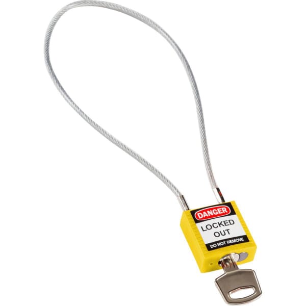Brady 146125 Compact Cable Padlock, Different Key, Yellow, Nylon Body, 0.16 in Dia x 40 cm H x 8 in W PVC Encased Steel Cable Shackle, 1.31 in L Body