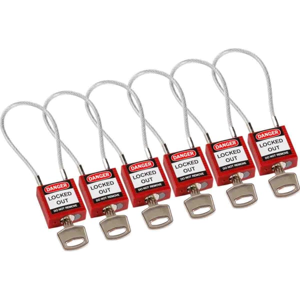 Brady 146128 Compact Safety Padlock, Alike Key, Red, Nylon Body, 0.16 in Dia 4.2 in H 3/4 in W Steel Shackle, 1.31 in L Body, Non-Conductive Conductivity