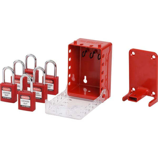 Brady 149174 Ultra Compact Portable Group Lockout Box, 12 Padlocks, Red, 5.7 in H x 4 in W x 2.7 in D, Wall Mount, 3 Key Hooks