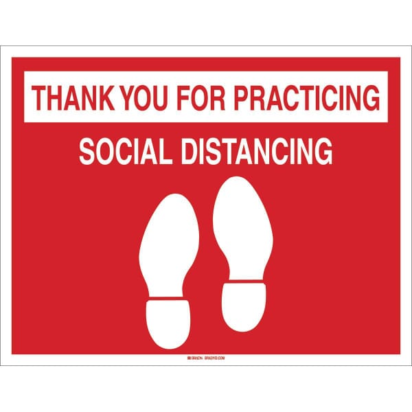 Brady 170260 Rectangle Social Distancing Floor Sign, Text/Symbol, B-819 Vinyl, Adhesive Mount, 14 in H x 18 in W, Red on White, English