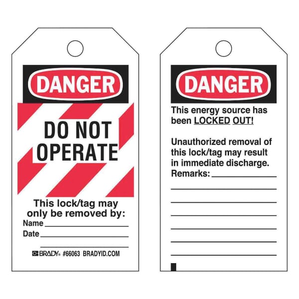 Brady 65520 Rectangular Lockout Tag, 5-3/4 in H 3 in W, 3/8 in Hole, B-837 Polyester