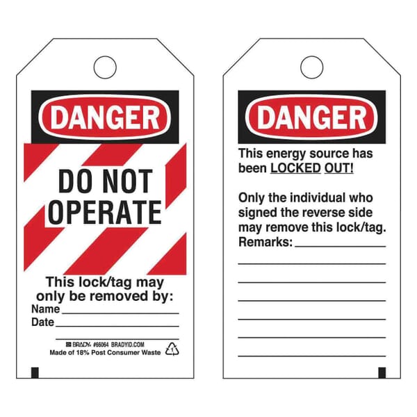 Brady 65525 Laminated Rectangular Lockout Tag, 5-3/4 in H 3 in W, 3/8 in Hole, B-837 Paper/Polyester
