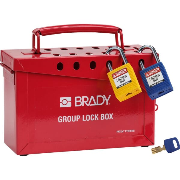 Brady 65699 Empty Group Lockout Box, 13 Padlocks, Hinged Door, Red, 6 in H 9 in W 3-1/2 in D