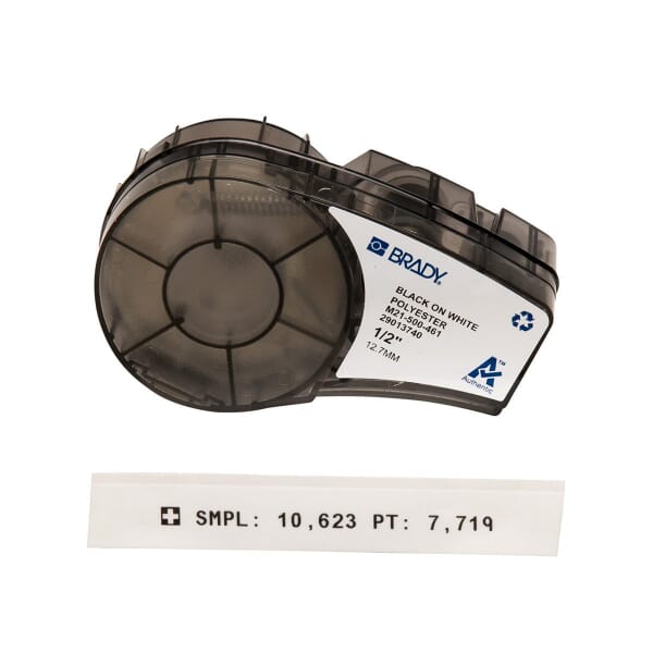 Brady M21-500-461 BMP21 Cartridge Label, 21 ft L x 1/2 in W, Black on White, B-461 Polyester