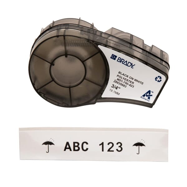 Brady WorkHorse M21-750-423 BMP21 Cartridge Label, 21 ft L x 3/4 in W, Black on White, B-423 Polyester