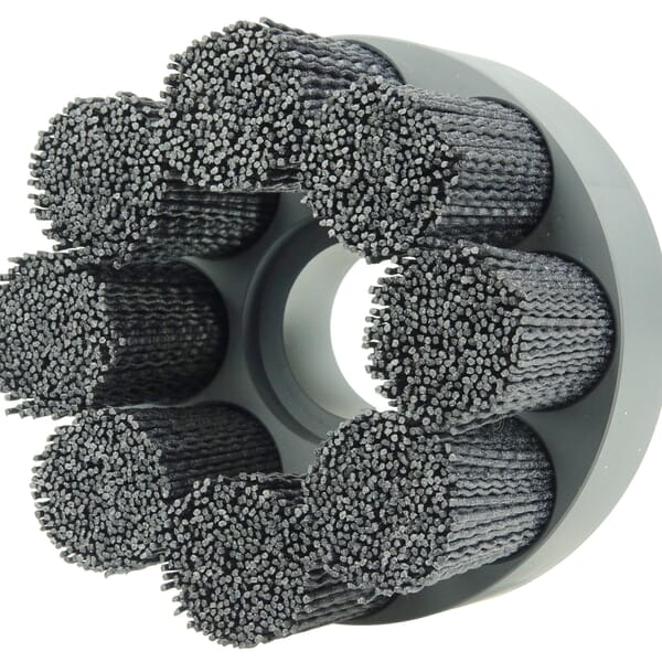 Burr-Rx 86113 Crimped Round Shell Mill Holder Straight Disc Brush, 4 in Dia Brush, 1-1/4 in Center Hole, 0.043 in Dia Filament/Wire, Ceramic Fill