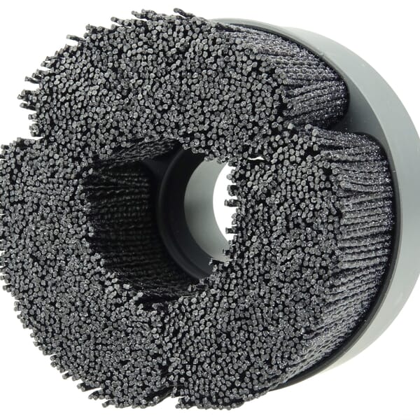 Bore-Rx 86114 Crimped Maximum Density Shell Mill Holder Straight Disc Brush, 4 in Dia Brush, 1-1/4 in Center Hole, 0.055 in Dia Filament/Wire, Nylon/Silicon Carbide Fill
