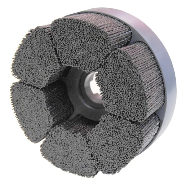 Bore-Rx 86117 Crimped Maximum Density Round Shell Mill Holder Straight Disc Brush, 6 in Dia Brush, 1-1/4 in Center Hole, 0.055 in Dia Filament/Wire, Ceramic Fill