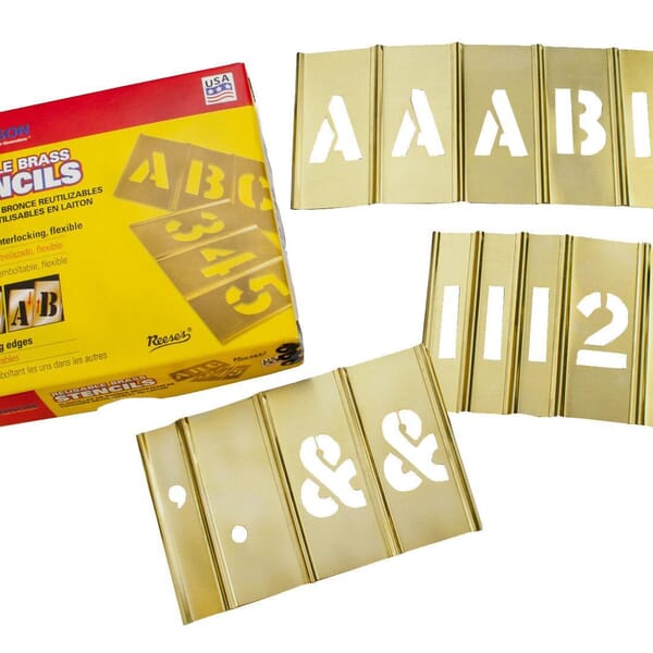 C.H.Hanson 10154 92-Piece Interlocking Reusable Single Letter and Number Stencil Set, 4 in H x 2-1/4 in W Character, Gold, 28 ga Brass