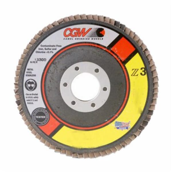 CGW 53012 Contaminant-Free Premium Regular Coated Abrasive Flap Disc, 6 in Dia, 40 Grit, Medium Grade, Z3 Zirconia Alumina Abrasive, Type 27/Depressed Center Flat Disc