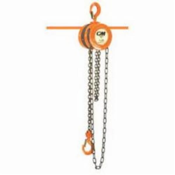 CM 2213 622 Single Reeved Hand Chain Hoist, 2 ton Load, 15 ft H Lifting, 18-1/8 in Min Between Hooks, 1-1/4 in Hook Opening, 82 lb Rated redirect to product page