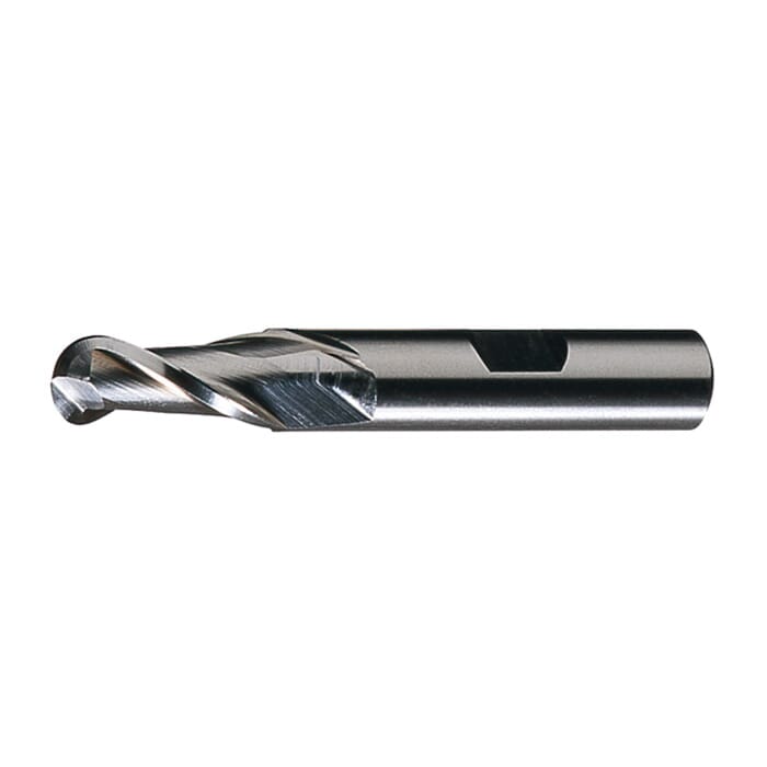 Cleveland C42643 HGC-2B Ball Nose Center Cutting General Purpose Single End End Mill, 1/8 in Dia Cutter, 3/8 in Length of Cut, 2 Flutes, 3/8 in Dia Shank, 2-5/16 in OAL, Bright