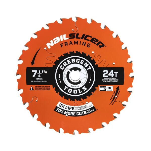 Crescent CSBFR-724-10 NailSlicer Saw Blades, 7-1/4 in Dia, 5/8 in Arbor, Steel Blade, 24 Teeth