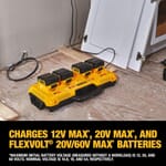 DeWALT Guaranteed Tough DCB104 Multi-Port Simultaneous Fast Charger, For Use With 12 V Max/20 V Max and FLEXVOLT 20/60 V Max Batteries, Lithium-Ion Battery, (4) DCB606 - 60 min/(4) DCB204 - 40 min Charging, 4 Batteries