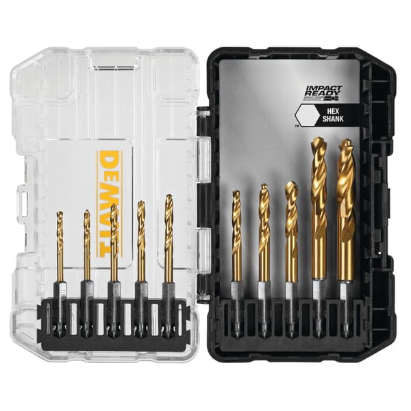 DeWALT Impact Ready DD5160 Twist Drill Bit Set With ToughCase+ System,  Imperial, 1/8 in Min Drill Bit, 3/8 in Max Drill Bit, 135 deg Drill Point  Angle, 10 Pieces, Titanium