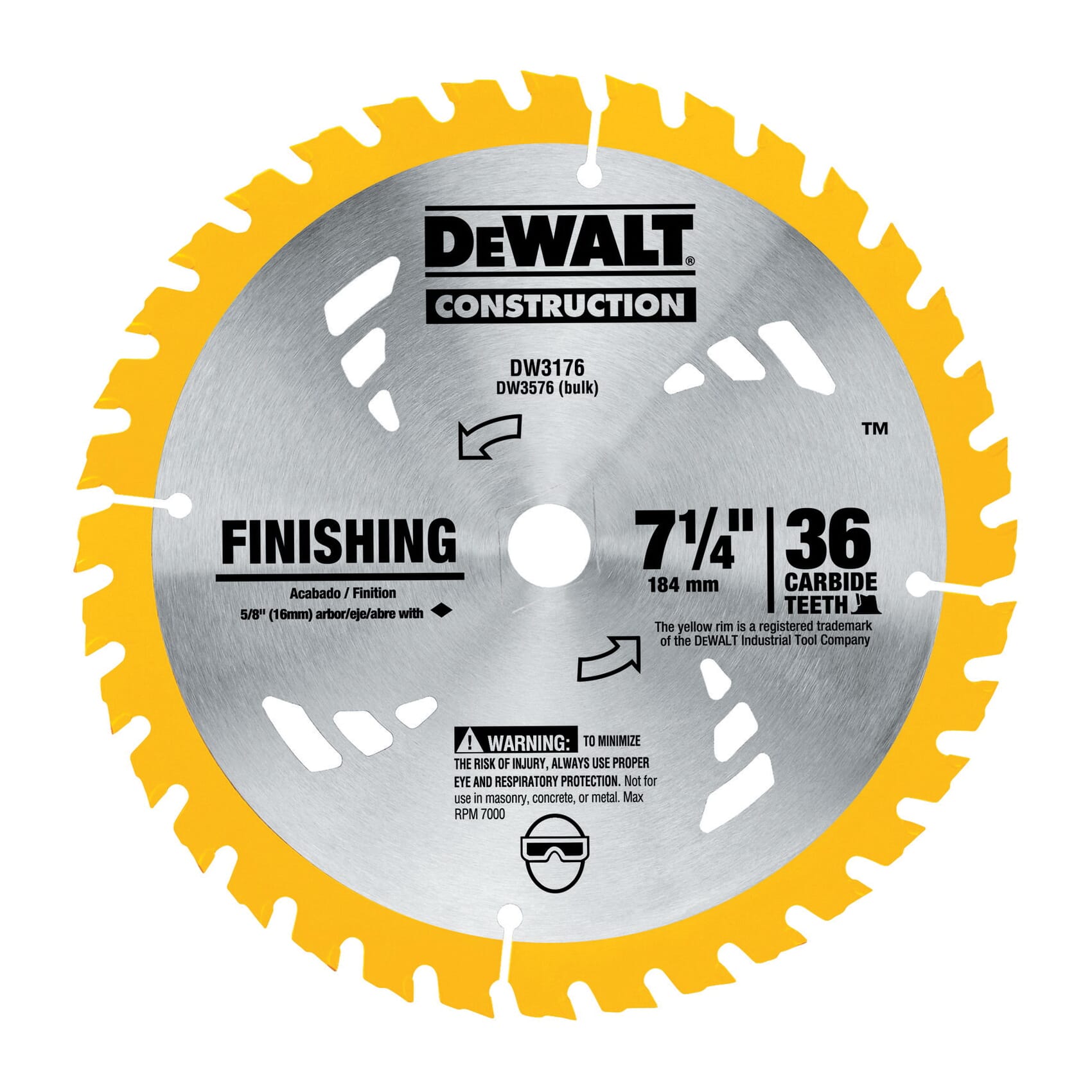 Black Decker DW3176 20 Portable Round Arbor Thin Kerf Circular Saw Blade 7 1 4 in Dia x 0.045 in THK 5 8 in Arbor Steel Blade 36 Teeth