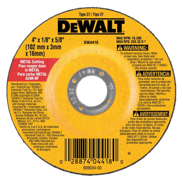 Black+Decker DW4418 General Purpose Cut-Off Wheel, 4 in Dia x 1/8 in THK, 5/8 in Center Hole, 24 Grit, Aluminum Oxide Abrasive