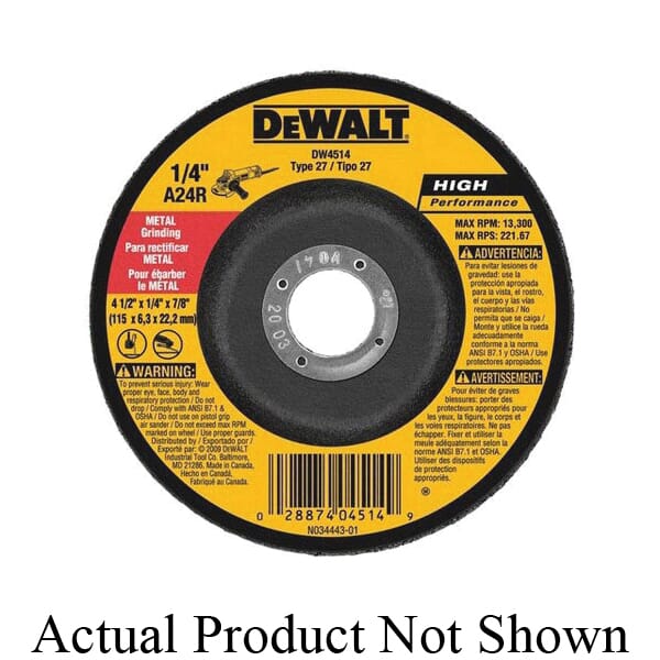 DeWALT High Performance DW4514 Bonded Depressed Center Wheel, 4-1/2 in Dia x 1/4 in THK, 7/8 in Center Hole, A24R Grit, Aluminum Oxide Abrasive