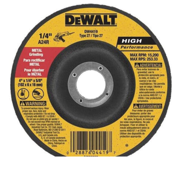 DeWALT High Performance DW4523 Depressed Center Wheel, 4-1/2 in Dia x 1/4 in THK, A24R Grit, Aluminum Oxide Abrasive