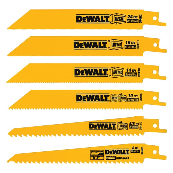 DeWALT DW4856 Straight Tapered Back Reciprocating Saw Blade Set, 6 Pieces, 6 in L x 3/4 in W Blade, 6/10 TPI, Raker Teeth, Universal Cutting Style, Angled Blade Tip, 1/2 in Shank, For Use With Reciprocating Saws, Bi-Metal, Anti-Stick Coated