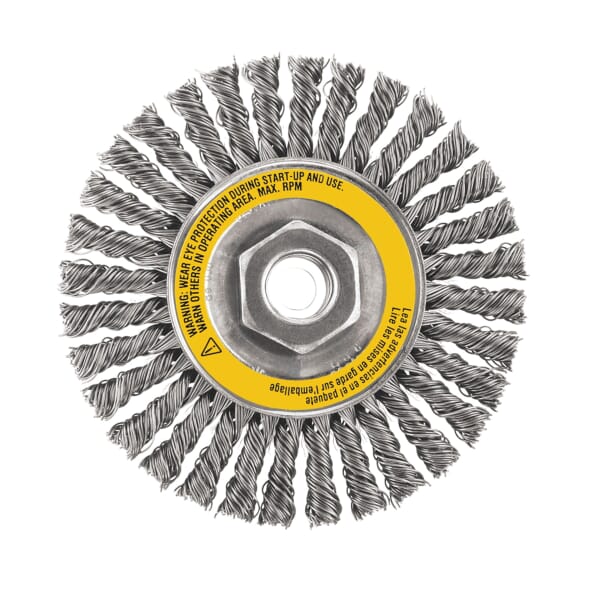 DeWALT HP DW49204 Wheel Brush, 4 in Dia Brush, 3/8 in W Face, 0.02 in Dia Stringer Bead Knot Filament/Wire, 5/8-11 Arbor Hole